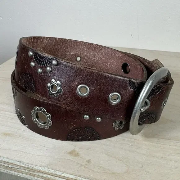 FOSSIL Womens Belt brown Floral Embroidered Leather M Boho Studded Boho Y2K - Picture 4 of 7